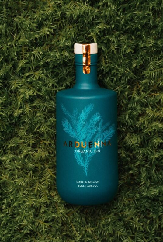 bouteille de gin Arduenna couchée dans la forêt